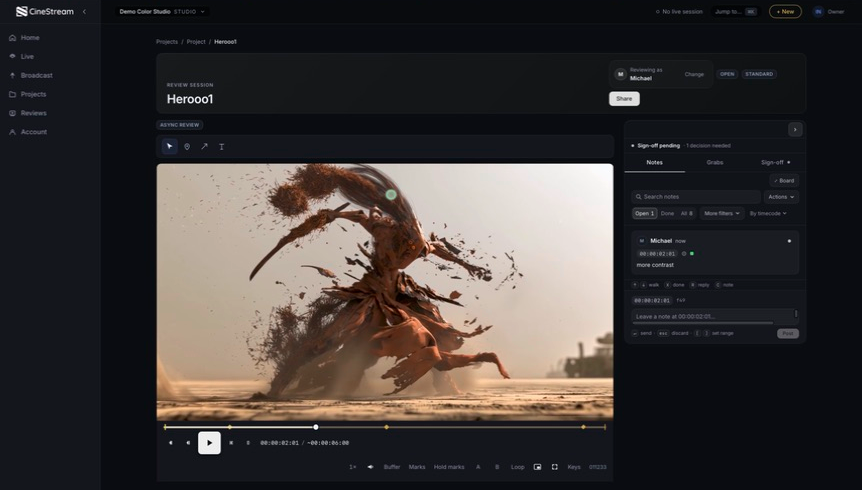 CineStream film and image review interface in a browser