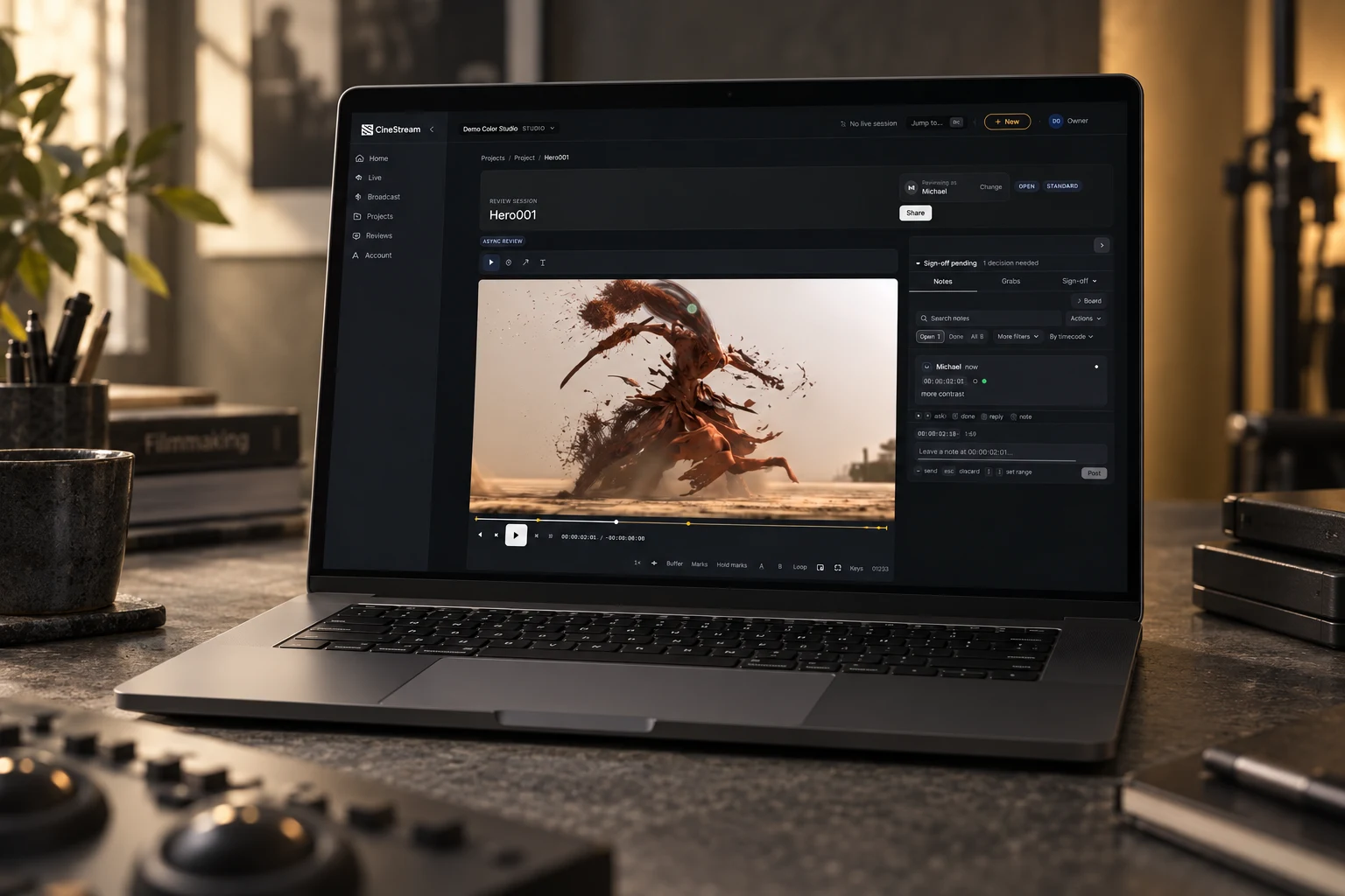 CineStream review tool shown on a laptop in the studio