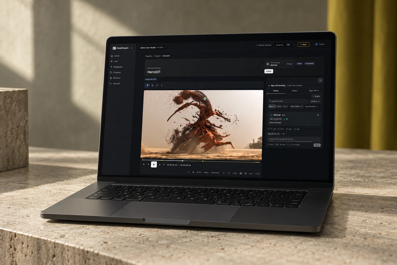CineStream review tool on a laptop in the studio